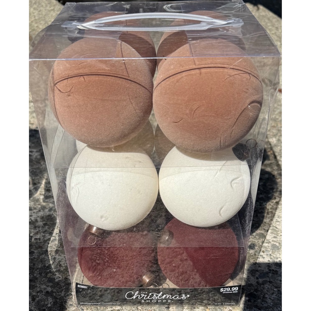 Hobby Lobby Christmas Shoppe 12pc 100mm flock shatterproof Ornaments Neutral